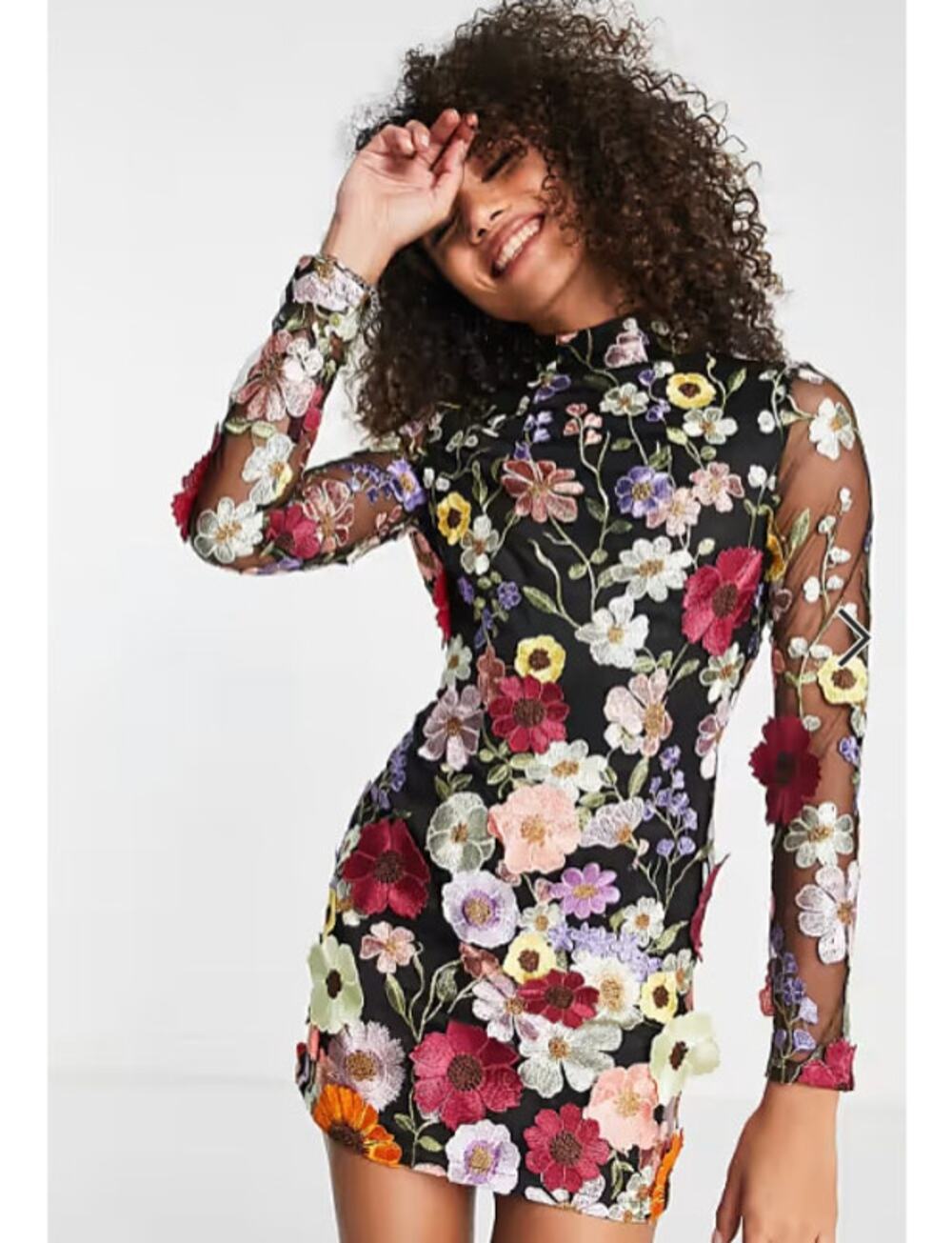 AMY LYNN backless mini dress in black based floral embroidery Medium M